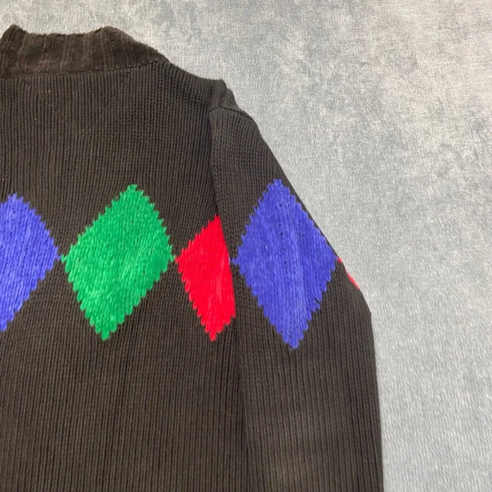 Vintage Tommy Hilfiger Sweater Mens S Black Diamond Mock Neck Knitted Full Zip